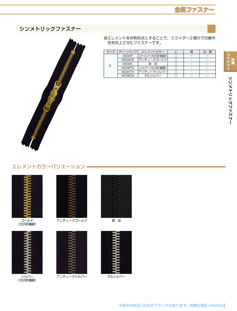 【受注生産】シンメトリックファスナー/5MGWP/尻合わせ　（2個付き）　