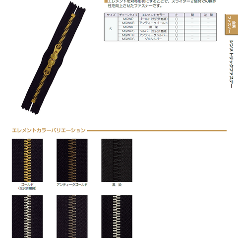 【受注生産】シンメトリックファスナー/5MGWK/尻合わせ　（2個付き）　